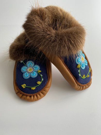 Handmade Moose Leather Moccasins with Beaver Fur Cuff