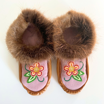 Handmade Moose Leather Moccassins with Beaver Fur Cuff and Orange Raised Beadwork