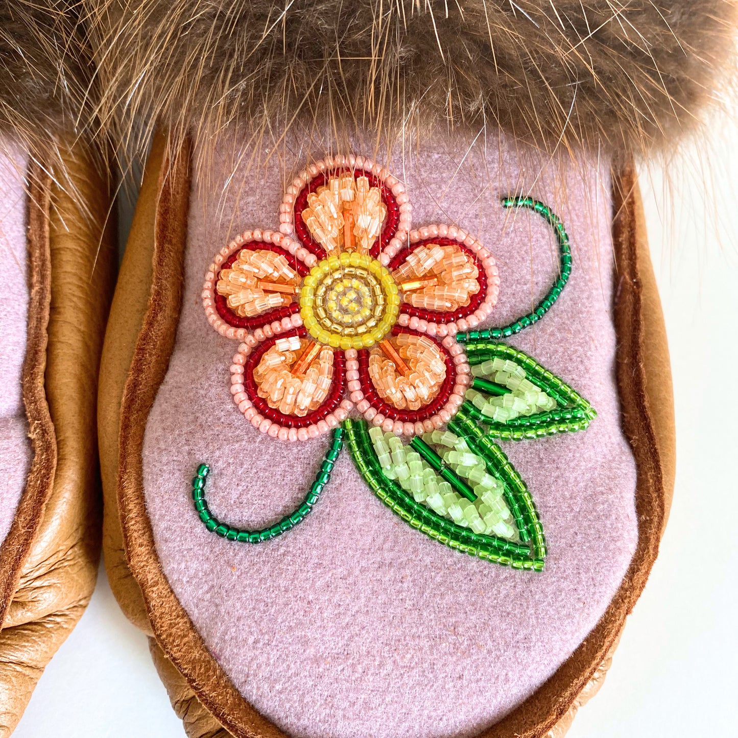 Handmade Moose Leather Moccassins with Beaver Fur Cuff and Orange Raised Beadwork