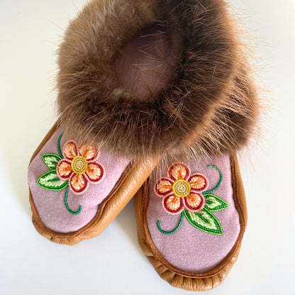 Handmade Moose Leather Moccassins with Beaver Fur Cuff and Orange Raised Beadwork