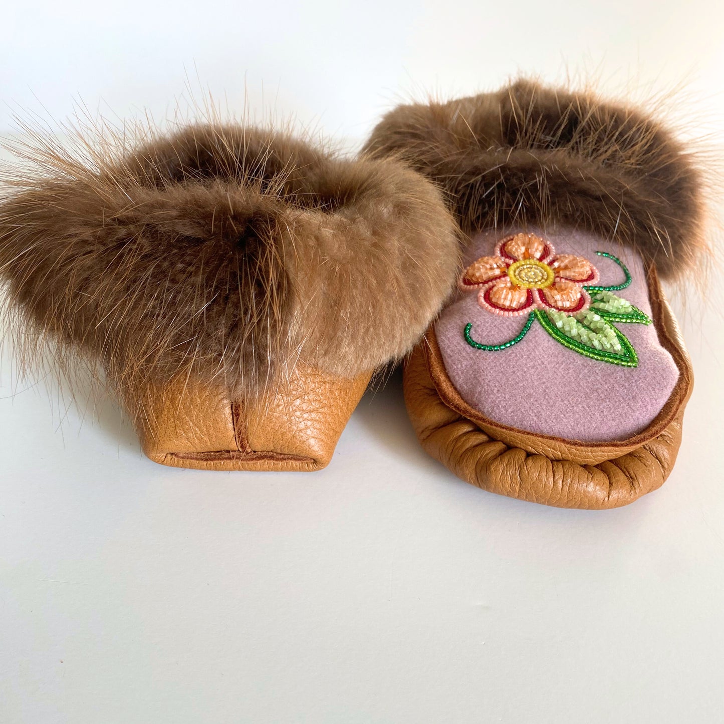 Handmade Moose Leather Moccassins with Beaver Fur Cuff and Orange Raised Beadwork
